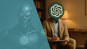 Eine Terminator-Figur und ein Therapeut, die die zwei möglichen Gesichter von KI beschreiben sollen und daher jeweils ein ChatGPT-Logo an sich haben.