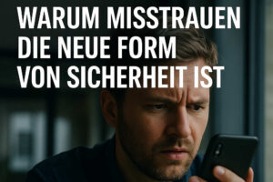 Ein Mensch, der verstört auf sein Smartphone schaut und daneben der Text "Warum Misstrauen die neue Form von SIcherheit ist"