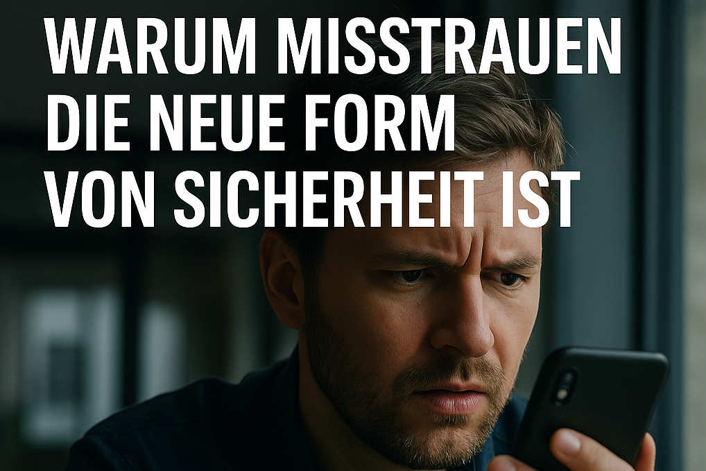 Ein Mensch, der verstört auf sein Smartphone schaut und daneben der Text "Warum Misstrauen die neue Form von SIcherheit ist"