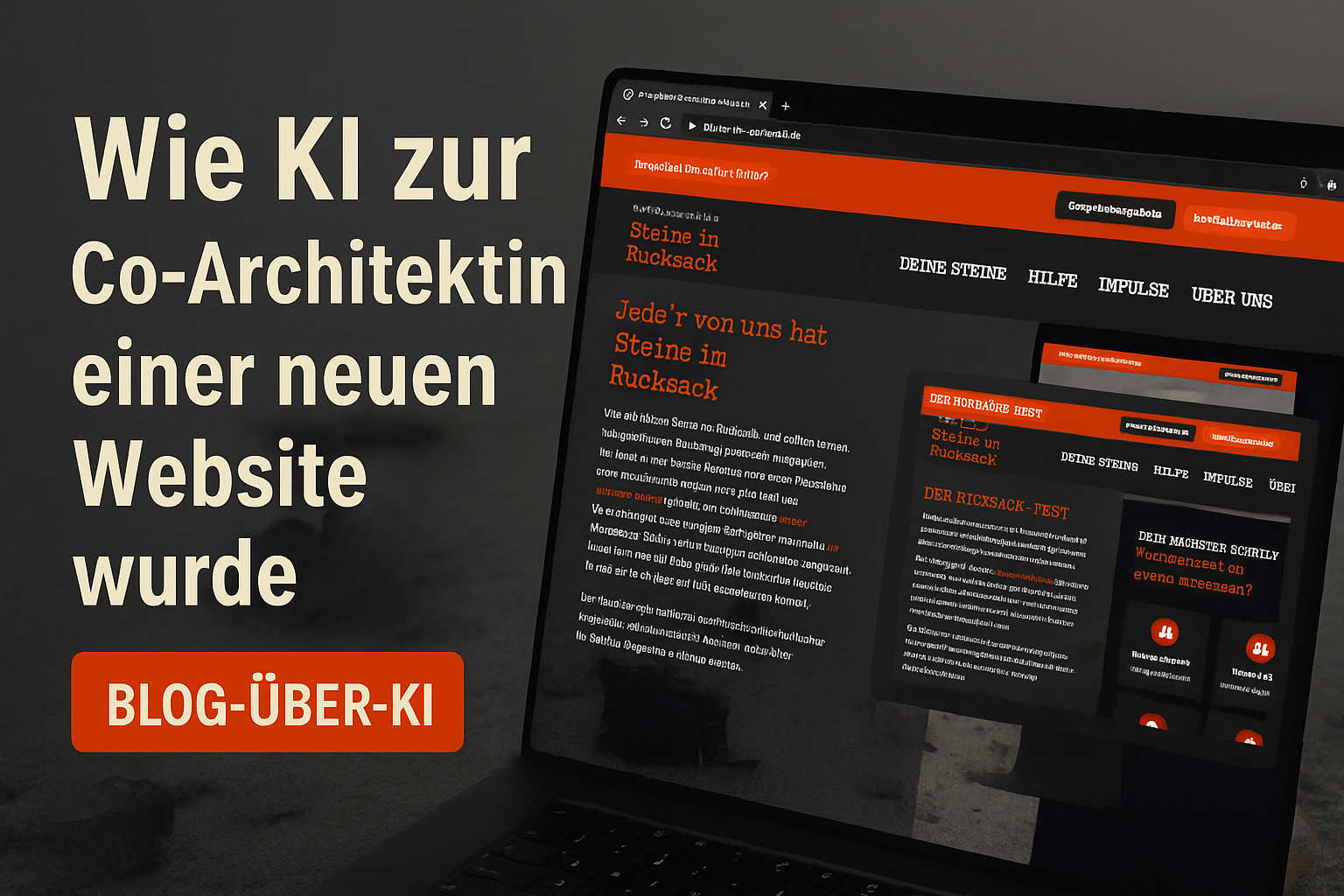 EIn Bild, das die Webseite von Steine im Rucksack zeigt und daneben der Text "Wie KI zur Co-Architektin einer neuen Website wurde"