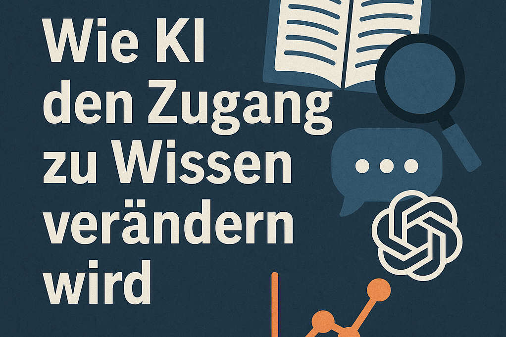 Mehrere Symbole: ein Buch, eine Sprechblase, ein ChatGPT-Logo und ein Graph und daneben die Worte: wie KI den Zugang zu WIssen verändern wird