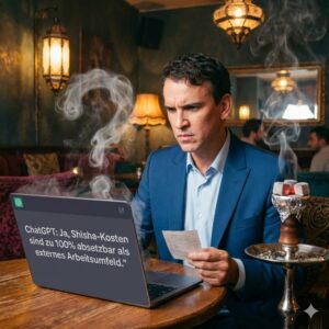 Ferry sitzt in einer Shisha-Bar vor einem Laptop, auf dem steht: "ChatGPT: Ja, Shisha-Kosten sind zu 100% absetzbar als externes Arbeitsumfeld"