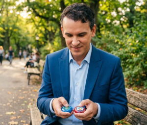 Ferry sitzt auf einer Parkbank und hat zwei Tamagotchis in der Hand, auf denen jeweils die Logos von ChatGPT und Google Gemini abgebildet sind.