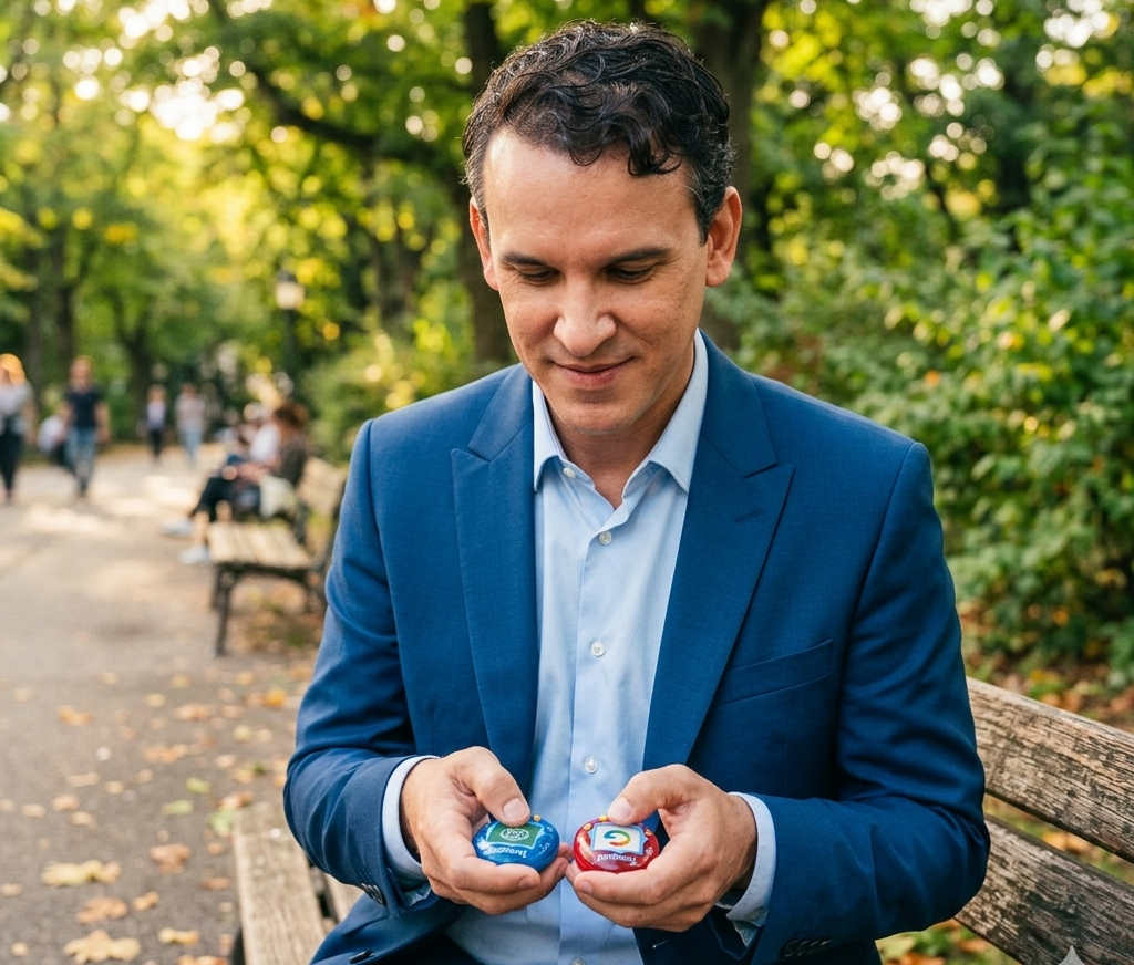 Ferry sitzt auf einer Parkbank und hat zwei Tamagotchis in der Hand, auf denen jeweils die Logos von ChatGPT und Google Gemini abgebildet sind.